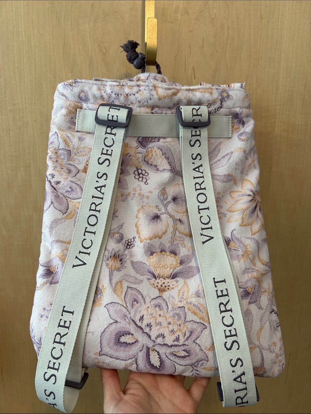 Victoria's Secret Floral Drawstring Backpack - Lavender & Creamy Beige
